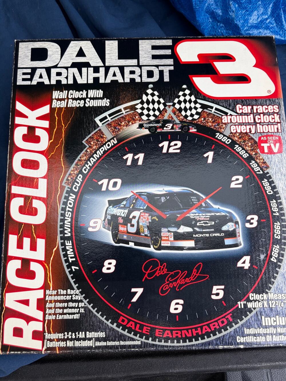 EMSON Dale Earnhardt #3 Wall Clock Analog Quartz Battery Real Race Sounds-NIB